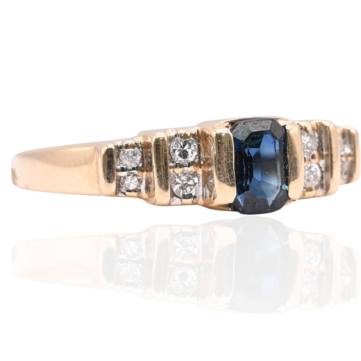 Emerald Cut Sapphire Ring with Accent Diamonds 14K Yellow Gold Size 7.5 0.35cttw Sapphire/0.05cttw Diamonds