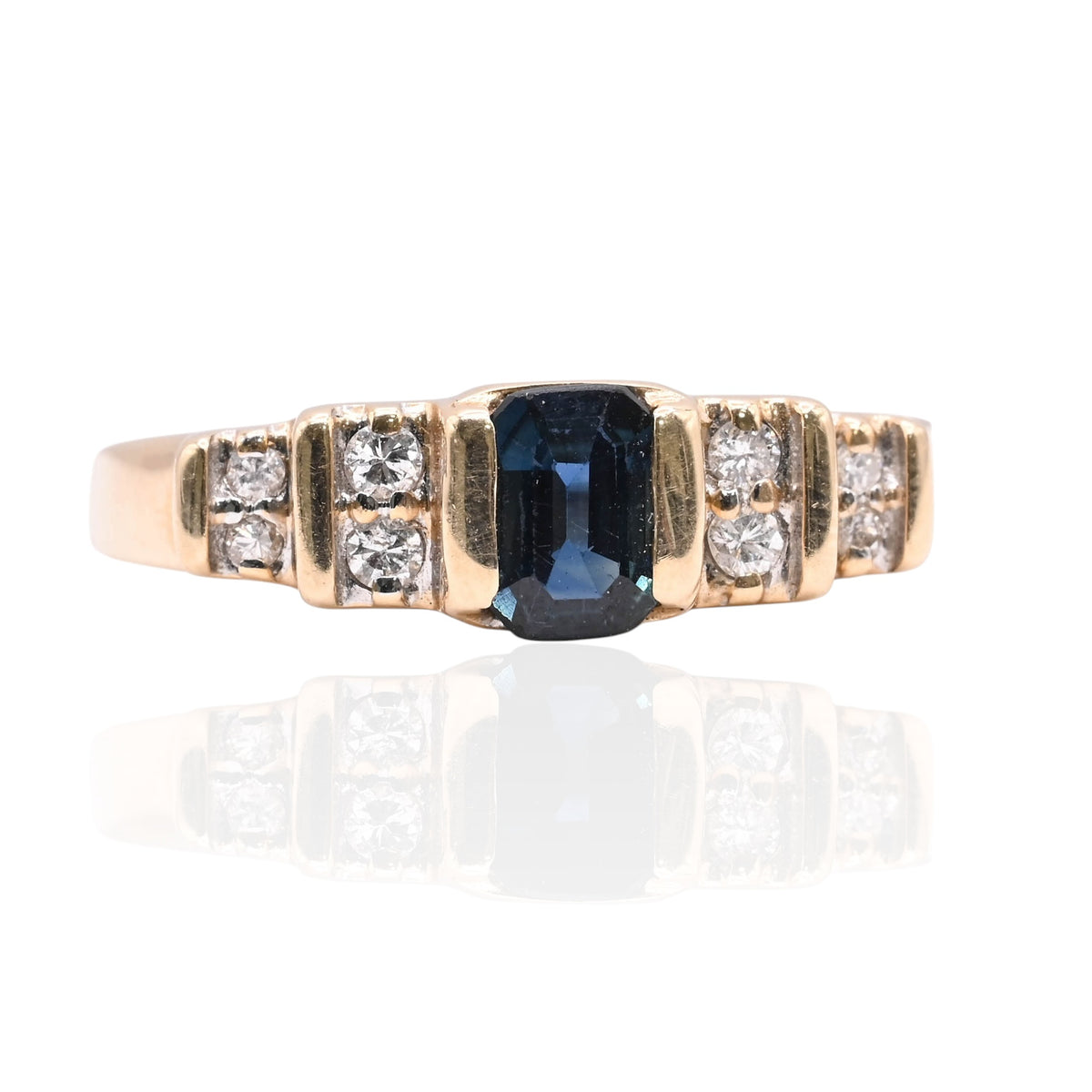 Emerald Cut Sapphire Ring with Accent Diamonds 14K Yellow Gold Size 7.5 0.35cttw Sapphire/0.05cttw Diamonds