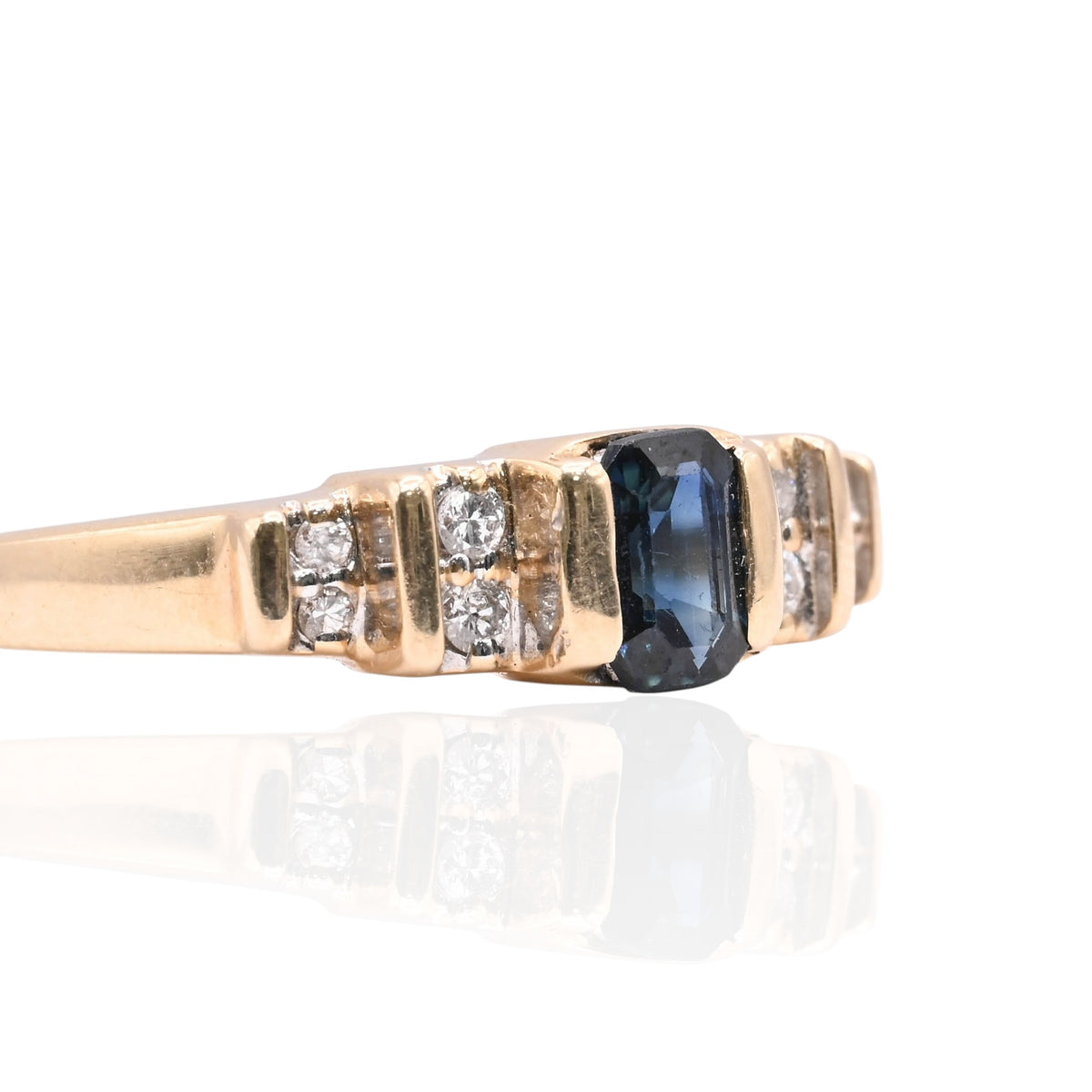 Emerald Cut Sapphire Ring with Accent Diamonds 14K Yellow Gold Size 7.5 0.35cttw Sapphire/0.05cttw Diamonds