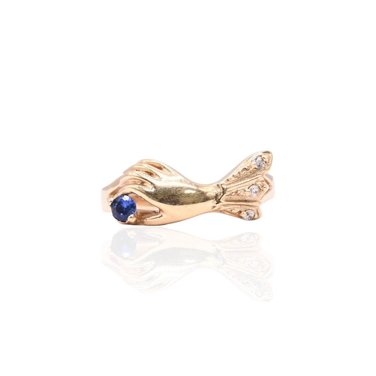 Gloved Hand Sapphire and Cubic Zirconia Ring 14K Yellow Gold Size 8 0.16cttw Sapphire
