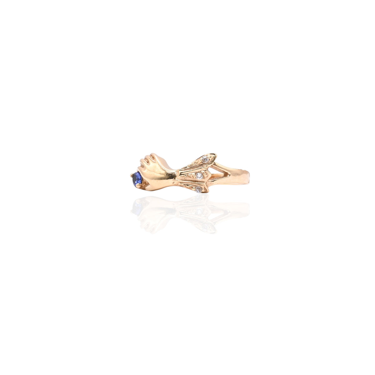 Gloved Hand Sapphire and Cubic Zirconia Ring 14K Yellow Gold Size 8 0.16cttw Sapphire
