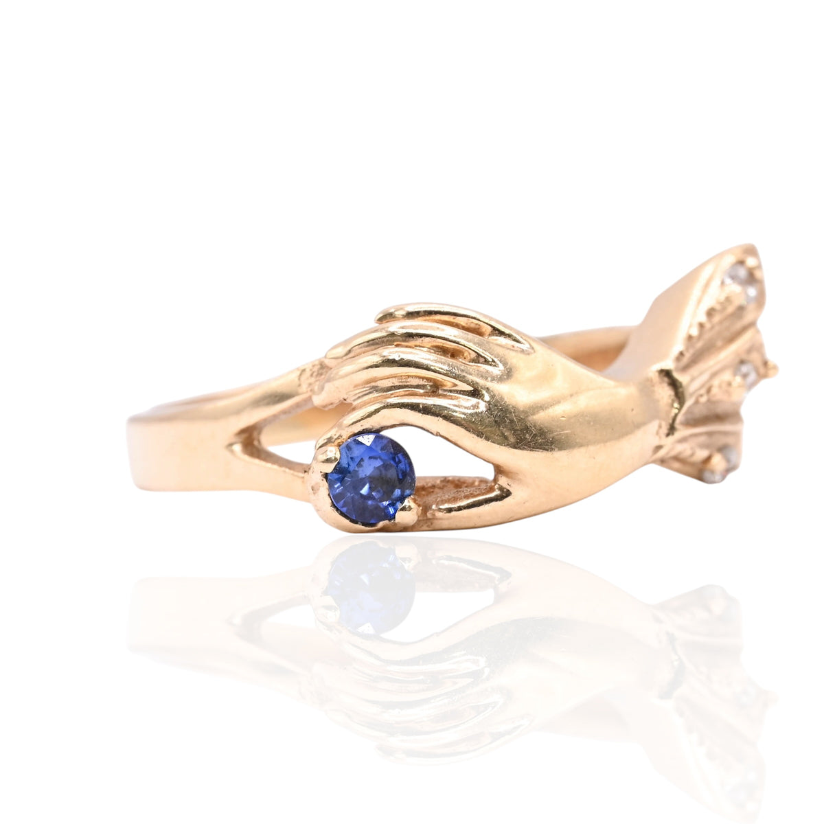 Gloved Hand Sapphire and Cubic Zirconia Ring 14K Yellow Gold Size 8 0.16cttw Sapphire