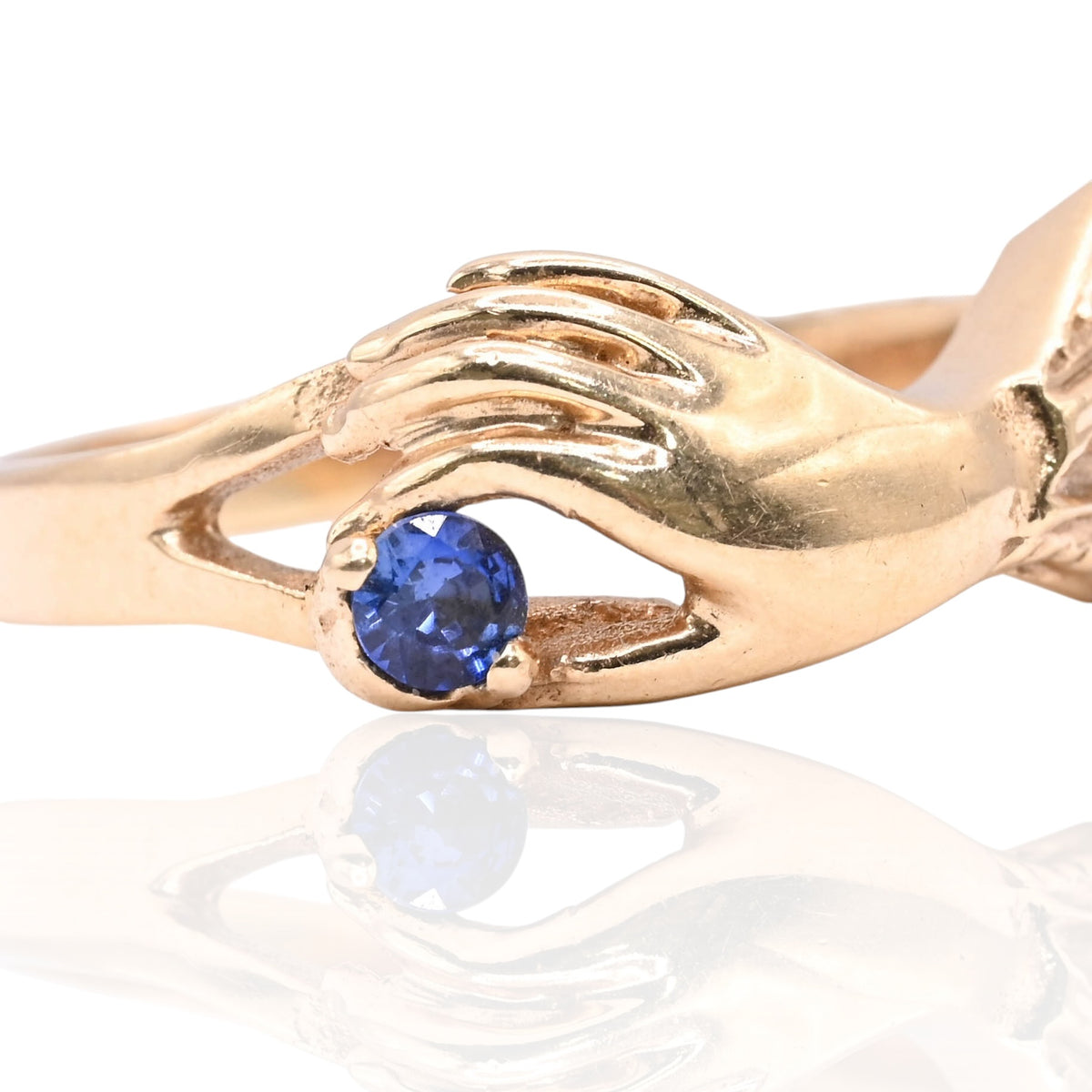Gloved Hand Sapphire and Cubic Zirconia Ring 14K Yellow Gold Size 8 0.16cttw Sapphire