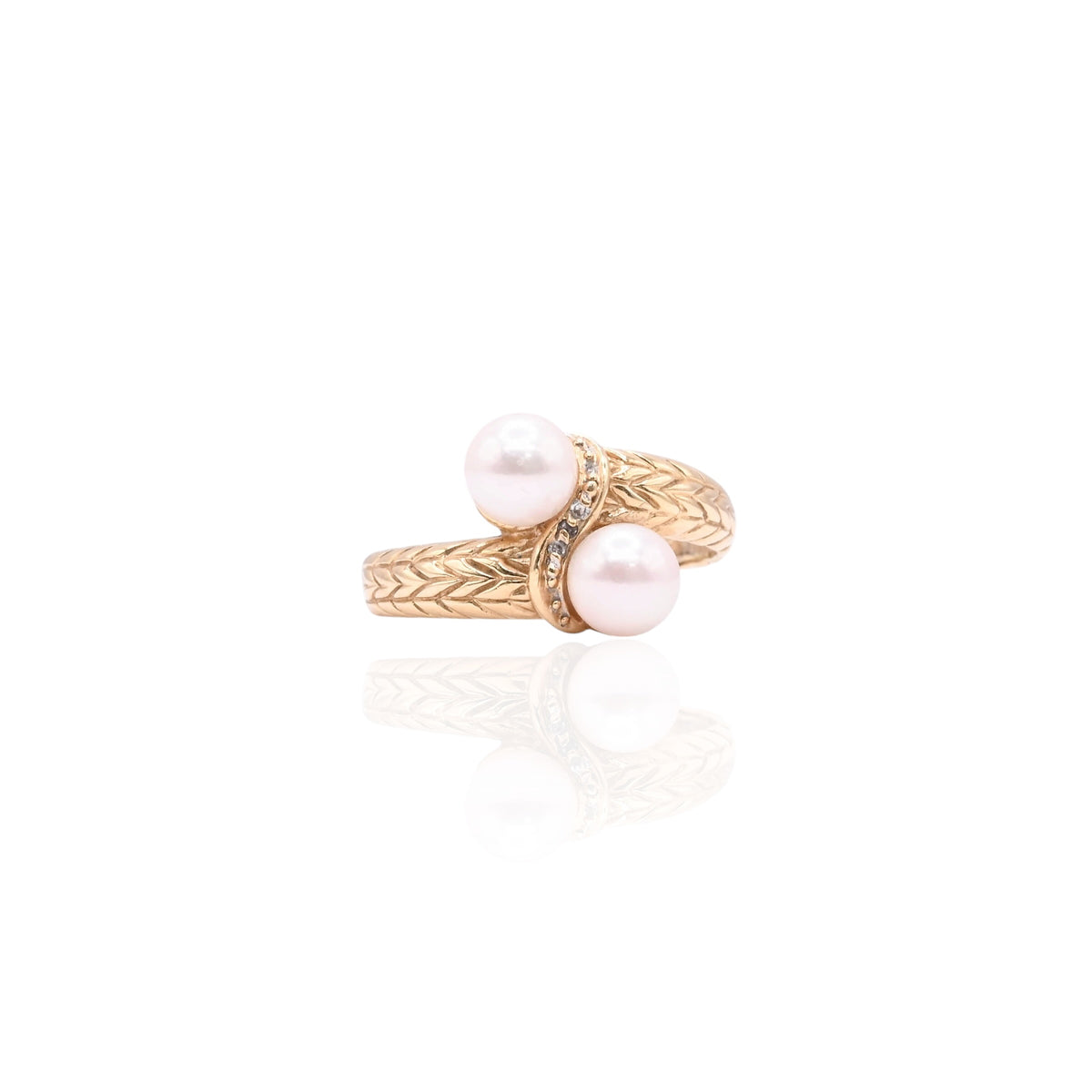 6mm Dual Cultured Pearl Chevron Textured Ring 14K Yellow Gold Size 7