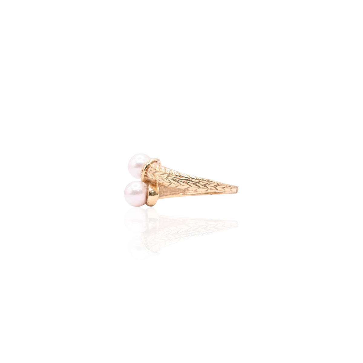 6mm Dual Cultured Pearl Chevron Textured Ring 14K Yellow Gold Size 7