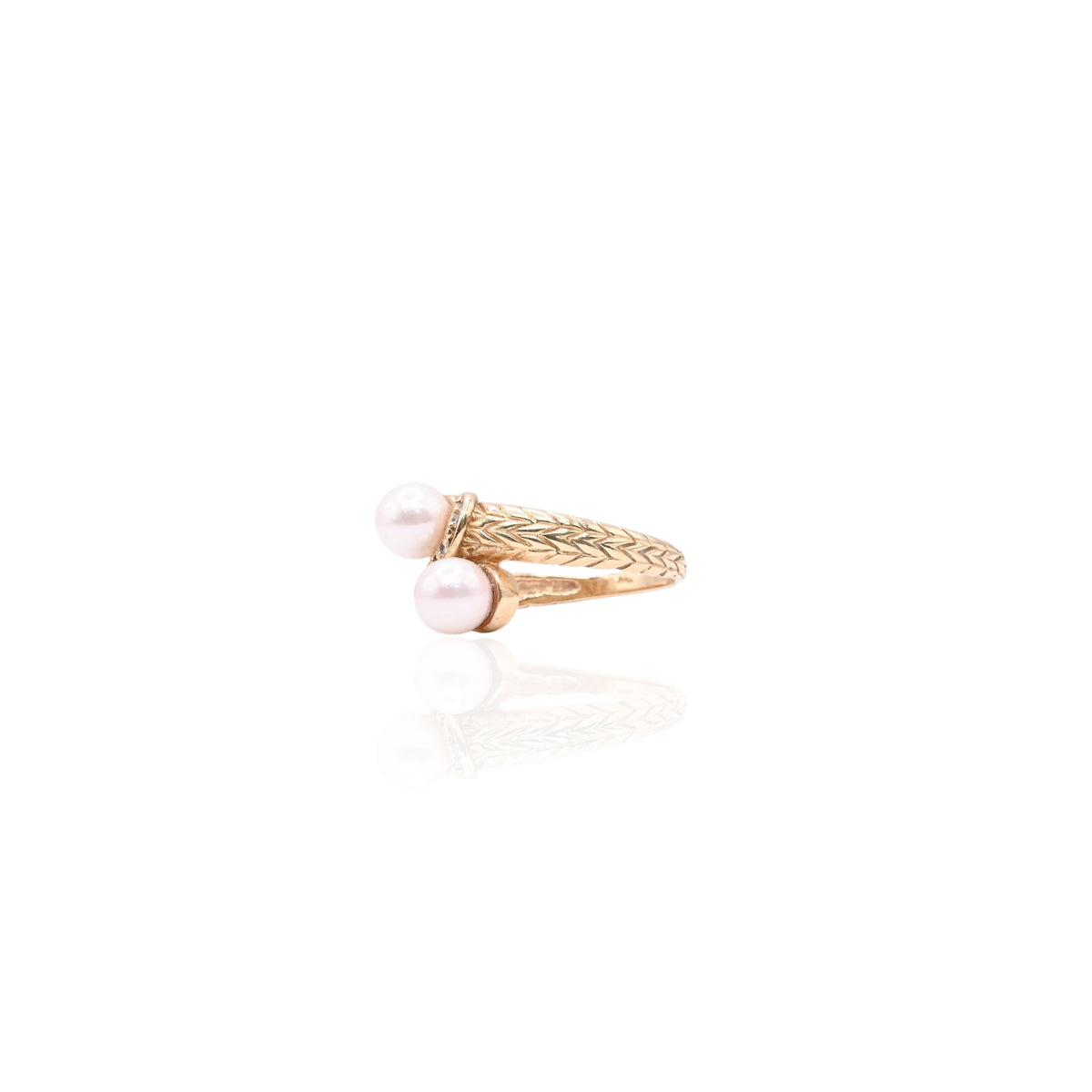 6mm Dual Cultured Pearl Chevron Textured Ring 14K Yellow Gold Size 7