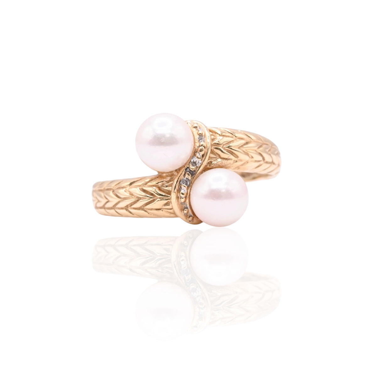 6mm Dual Cultured Pearl Chevron Textured Ring 14K Yellow Gold Size 7