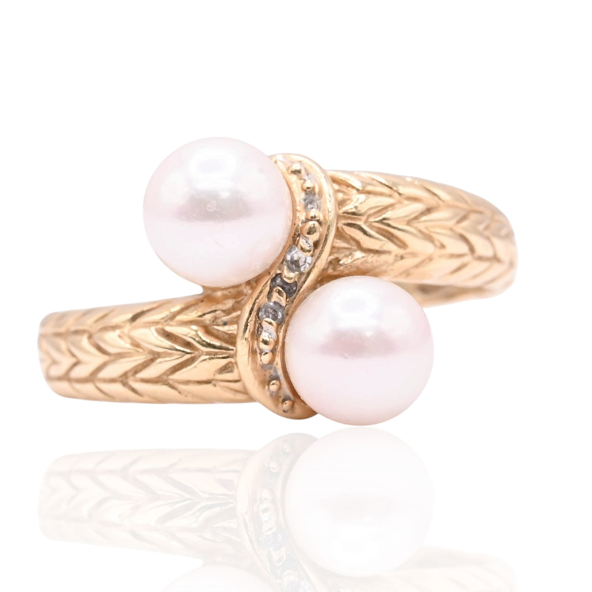 6mm Dual Cultured Pearl Chevron Textured Ring 14K Yellow Gold Size 7