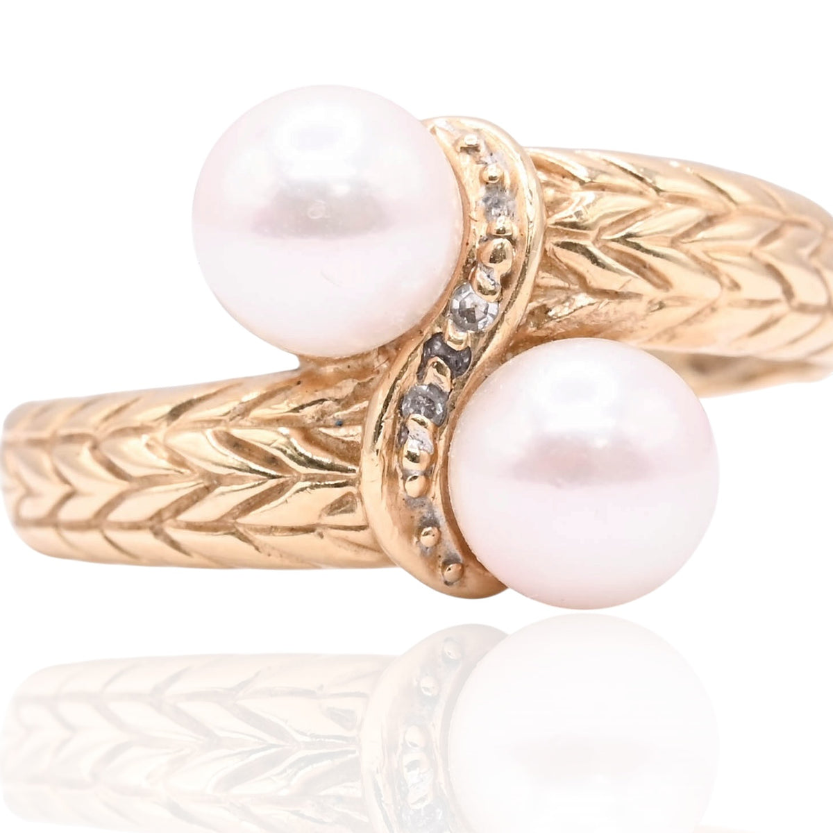 6mm Dual Cultured Pearl Chevron Textured Ring 14K Yellow Gold Size 7
