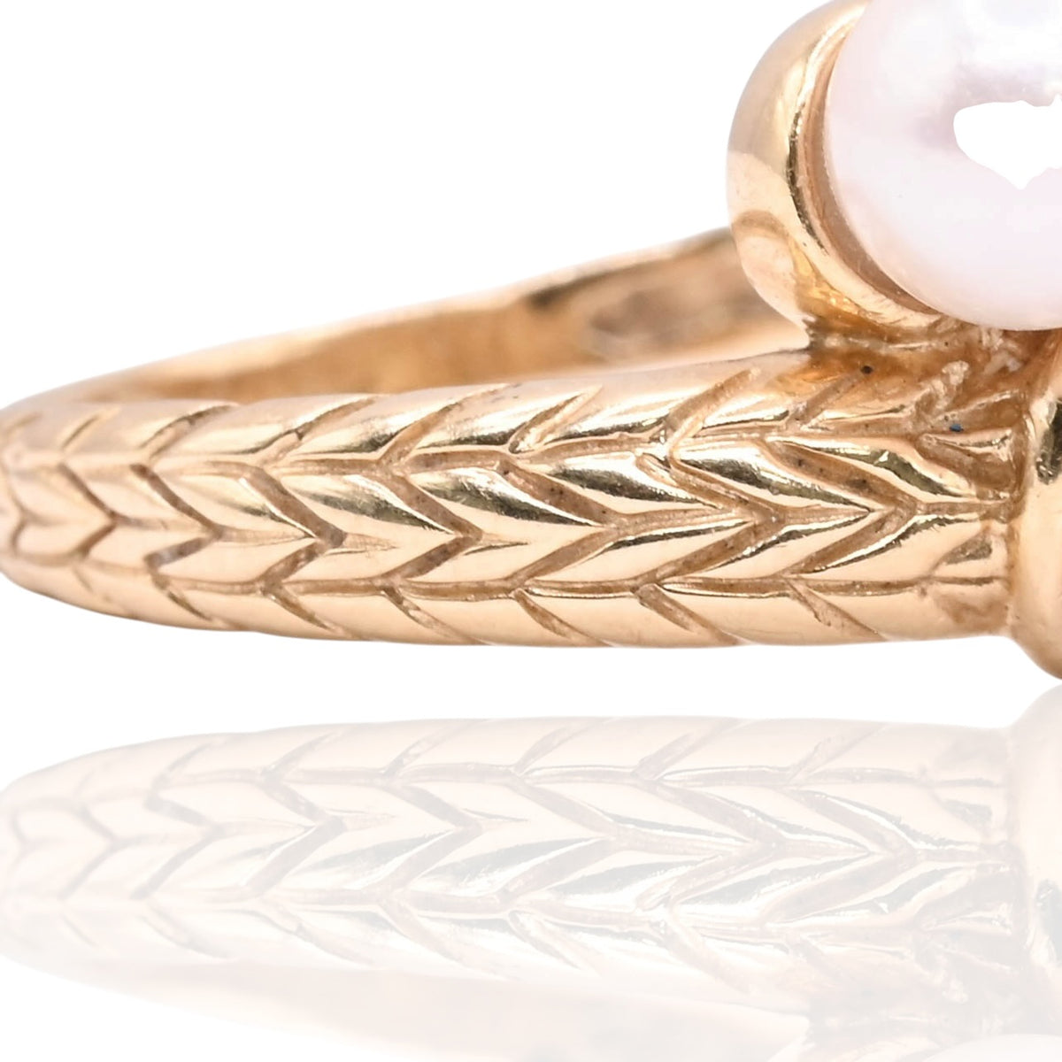 6mm Dual Cultured Pearl Chevron Textured Ring 14K Yellow Gold Size 7