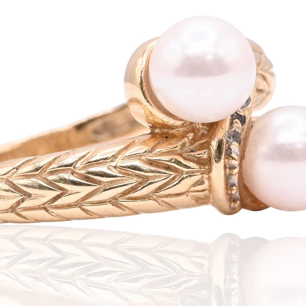 6mm Dual Cultured Pearl Chevron Textured Ring 14K Yellow Gold Size 7