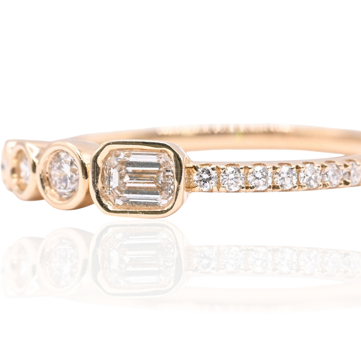 LAB DIAMOND Bezel Emerald Cut and Round Ring with Three-Quarter Set Accent Lab Diamonds 14K Yellow Gold Size 7 0.45cttw