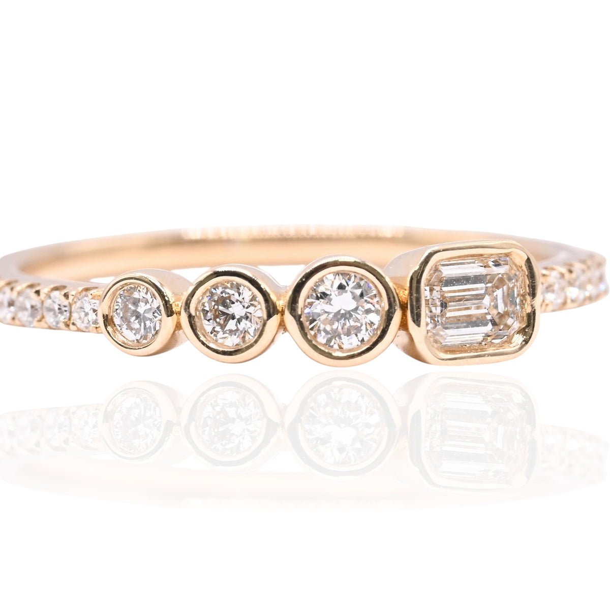 LAB DIAMOND Bezel Emerald Cut and Round Ring with Three-Quarter Set Accent Lab Diamonds 14K Yellow Gold Size 7 0.45cttw