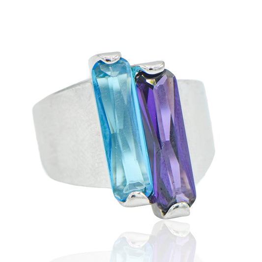 CZ Sky Blue and Purple Baguettes Sterling Silver Ring