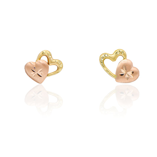 Dainty Double heart with etching stud Earrings 14k Yellow Gold