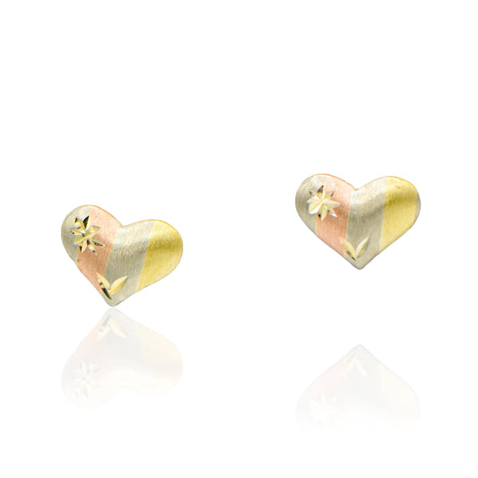 Dainty Heart with etching stud Earrings 14K Yellow Gold