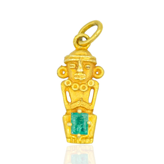 Incan Mayan God Pendant Emerald 18K Yellow Charm