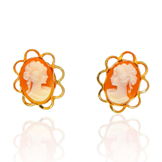 Carved Victorian Cameo Stud Earrings 14K Yellow Gold