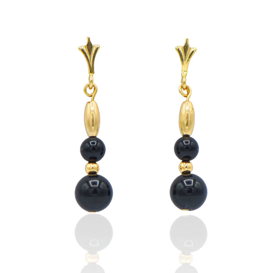 Black graduated Onyx bead ball Earrings with gold ball 14K Yellow Gold