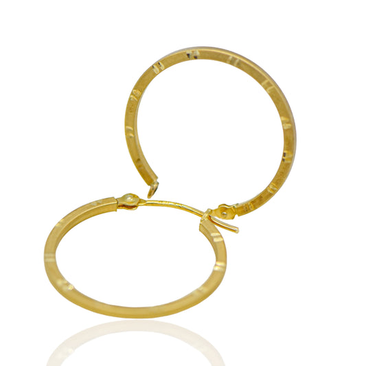 Flat Hoop Earrings with etching light weight 14K Yellow Gold