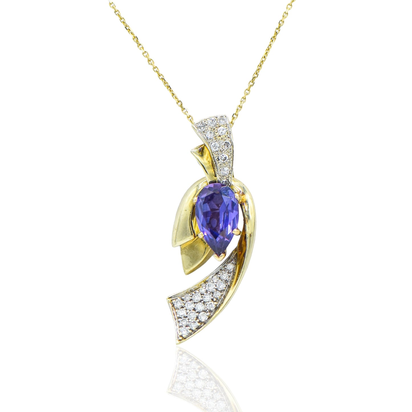 Ribbon Style Necklace w/Amethyst w/ 29 Diamonds. 14K on 18 " chain 14K