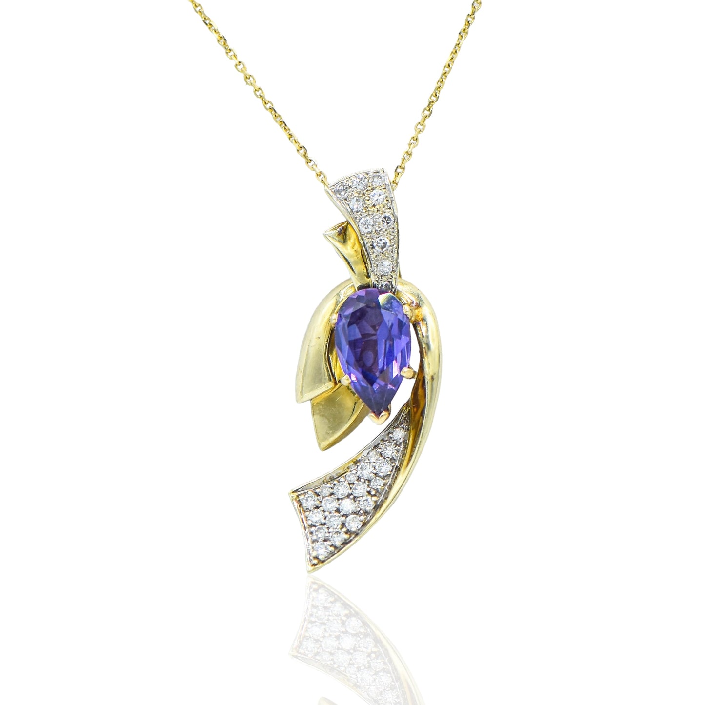 Ribbon Style Necklace w/Amethyst w/ 29 Diamonds. 14K on 18 " chain 14K