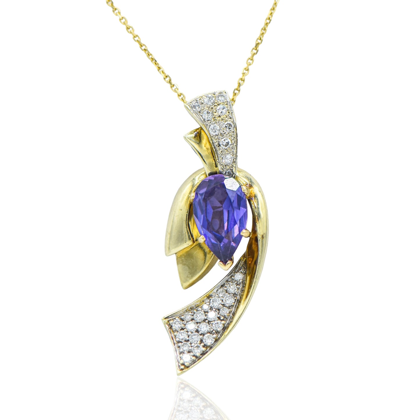 Ribbon Style Necklace w/Amethyst w/ 29 Diamonds. 14K on 18 " chain 14K