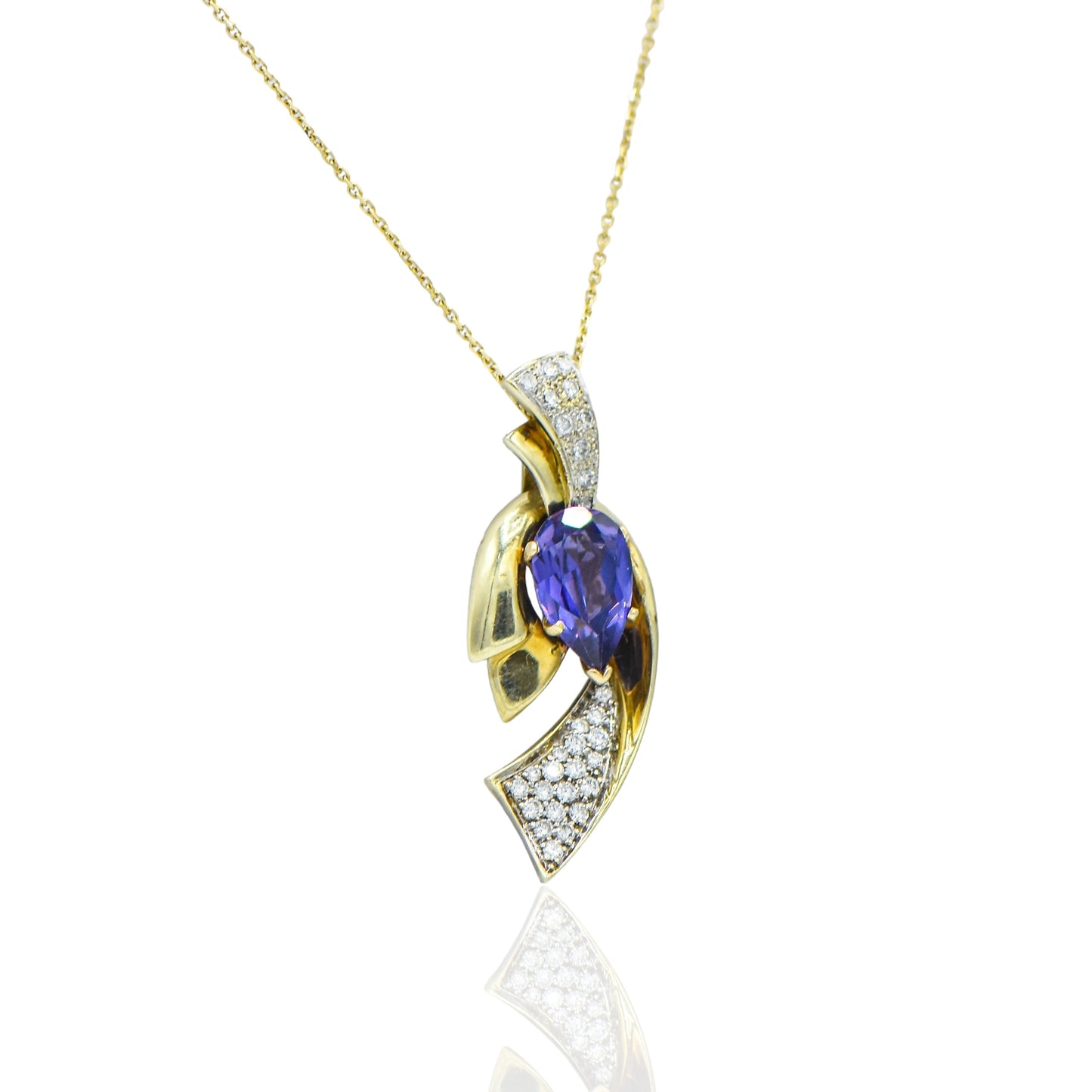 Ribbon Style Necklace w/Amethyst w/ 29 Diamonds. 14K on 18 " chain 14K