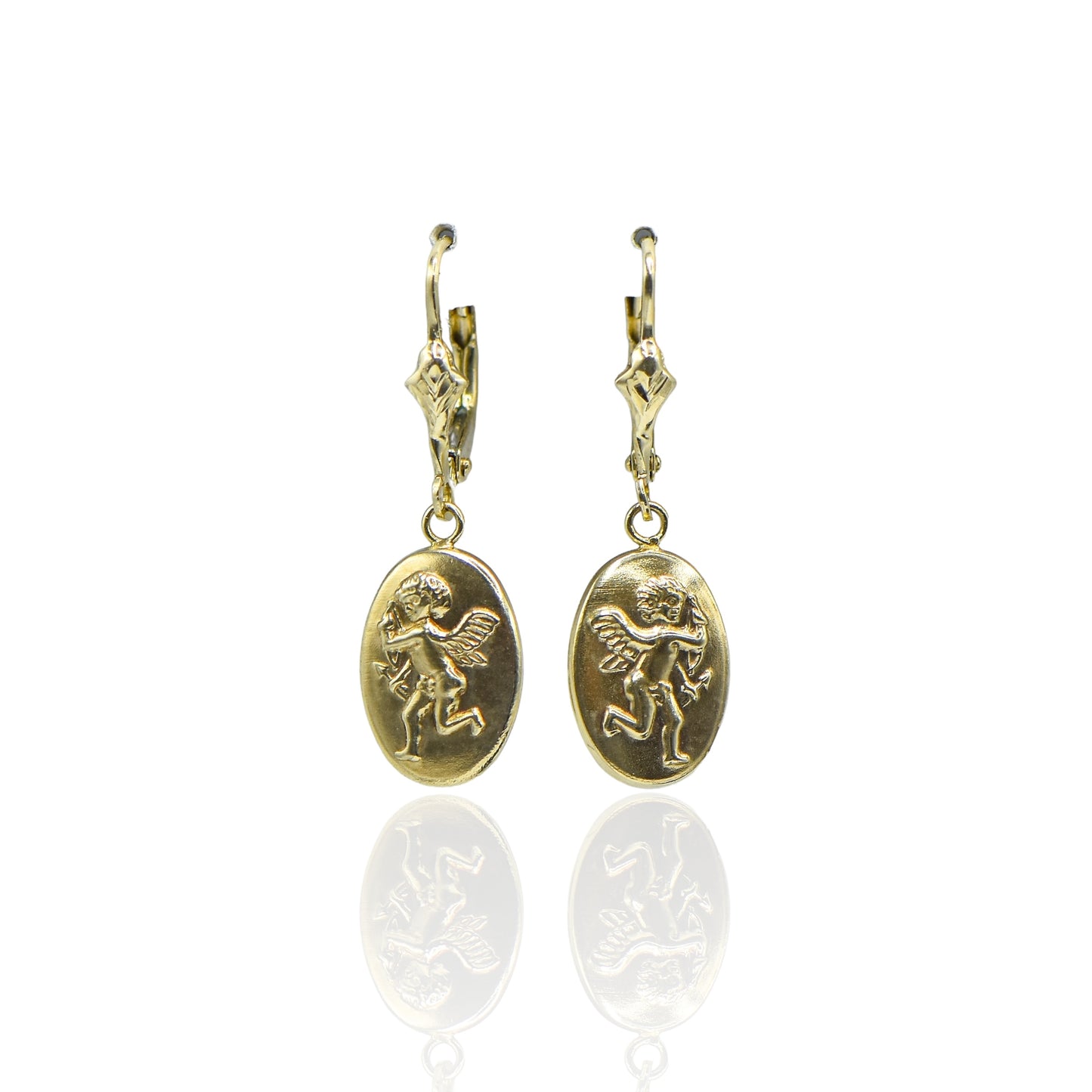 Oval Cupid Dangling Light Weight 14k Yellow Gold Earrings