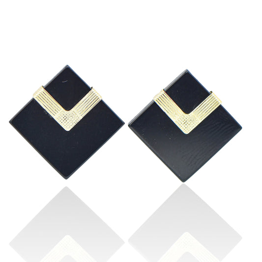 Black Onyx Square Stud with gold corner trim Earrings 14K Yellow Gold