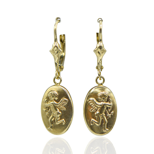 Oval Cupid Dangling Light Weight 14k Yellow Gold Earrings