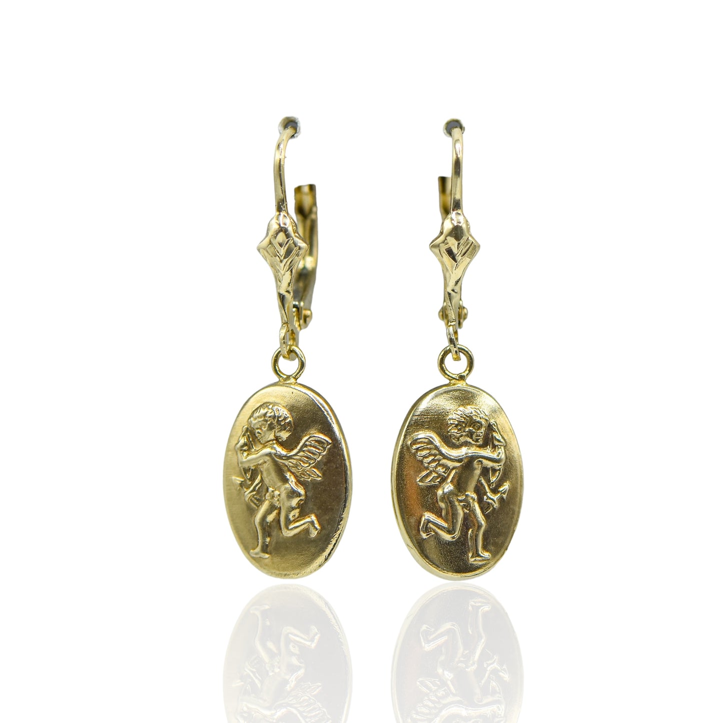 Oval Cupid Dangling Light Weight 14k Yellow Gold Earrings