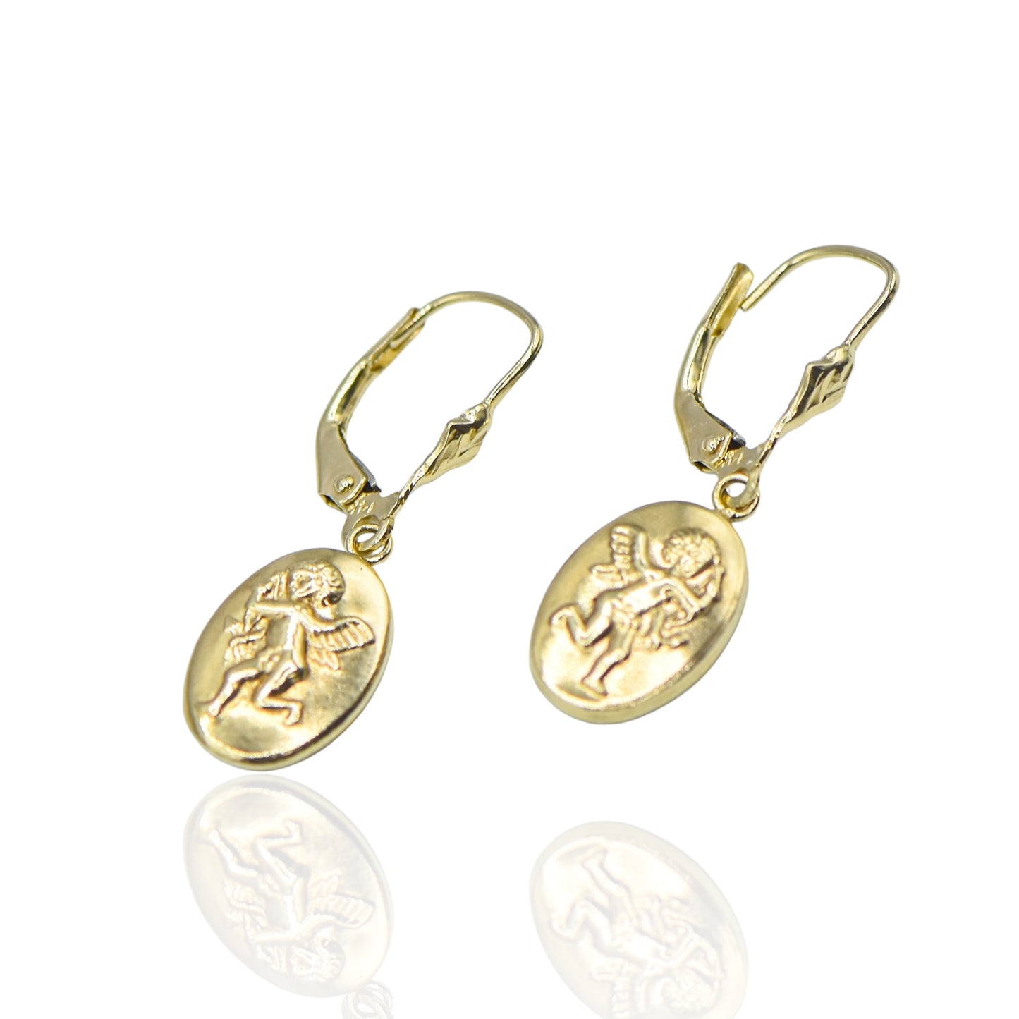 Oval Cupid Dangling Light Weight 14k Yellow Gold Earrings