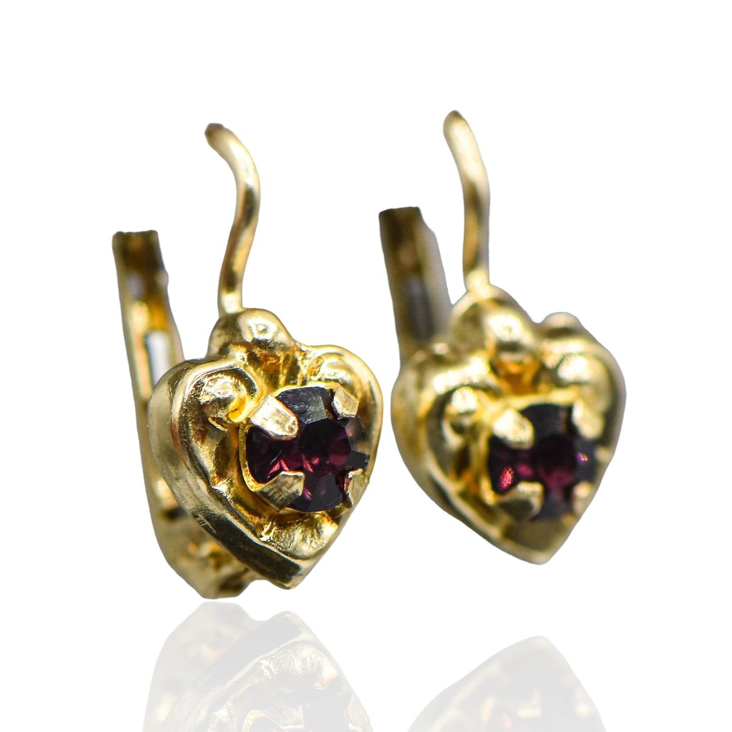 Heart Shape W/CZ  Gem Earrings Purple 14K Gold