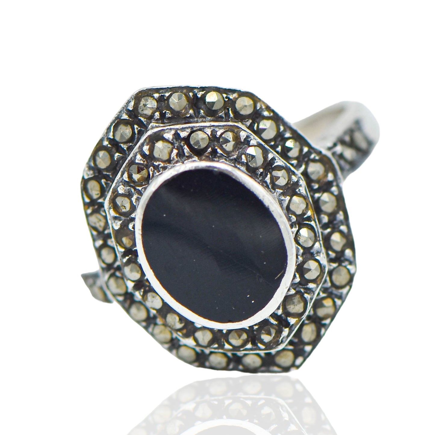 Oval Flat Onyx Marcasite Sterling Silver Ring