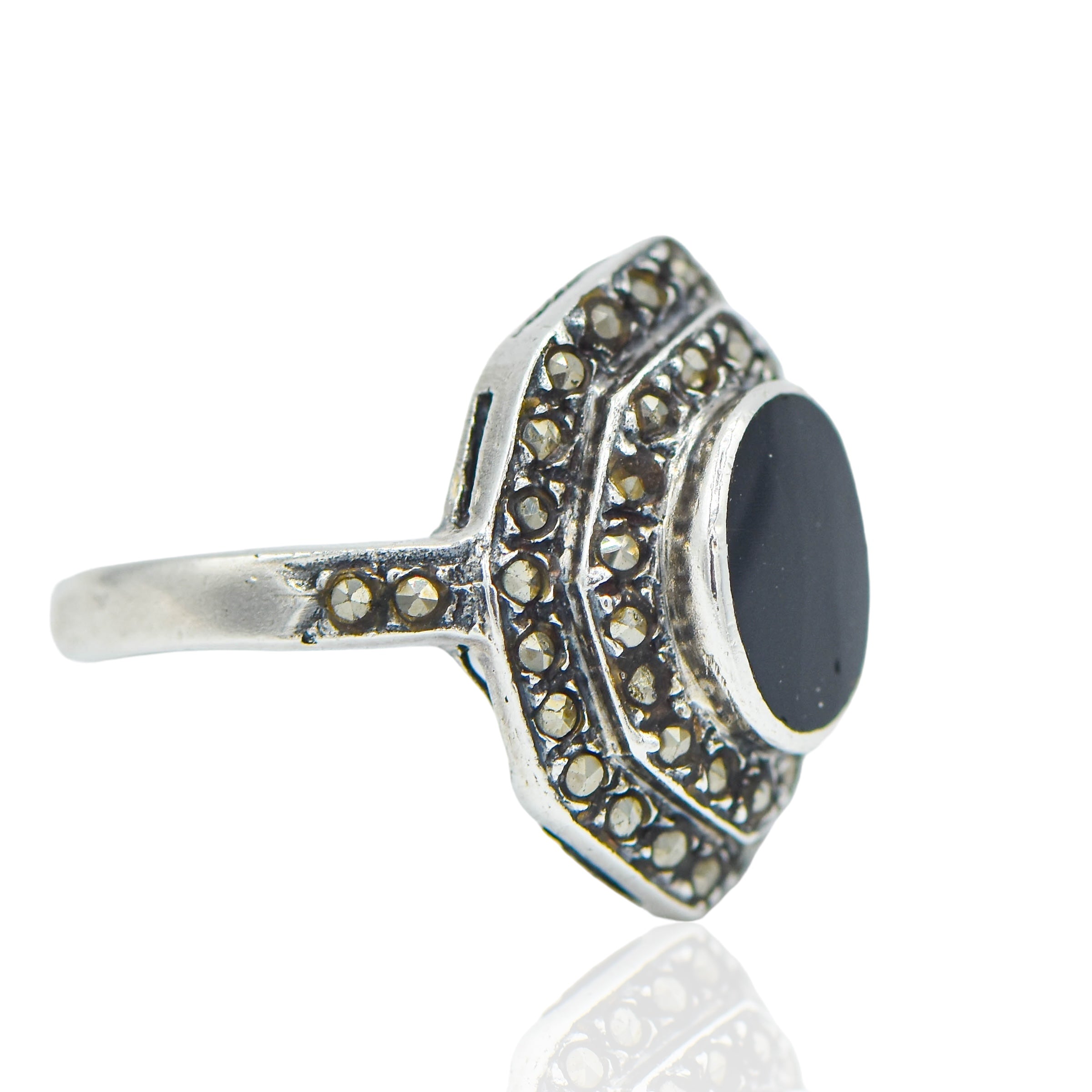 Oval Flat Onyx Marcasite Sterling Silver Ring – Larrea Jewelers