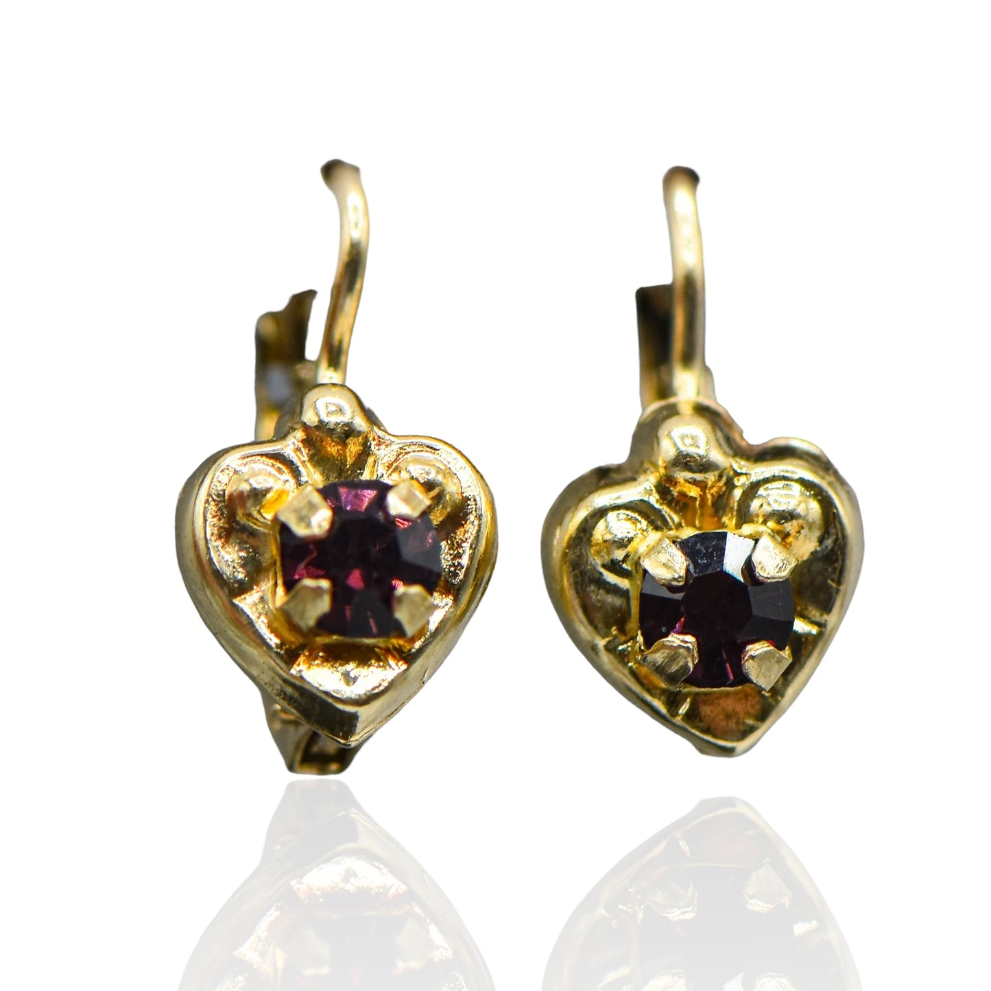 Heart Shape W/CZ  Gem Earrings Purple 14K Gold