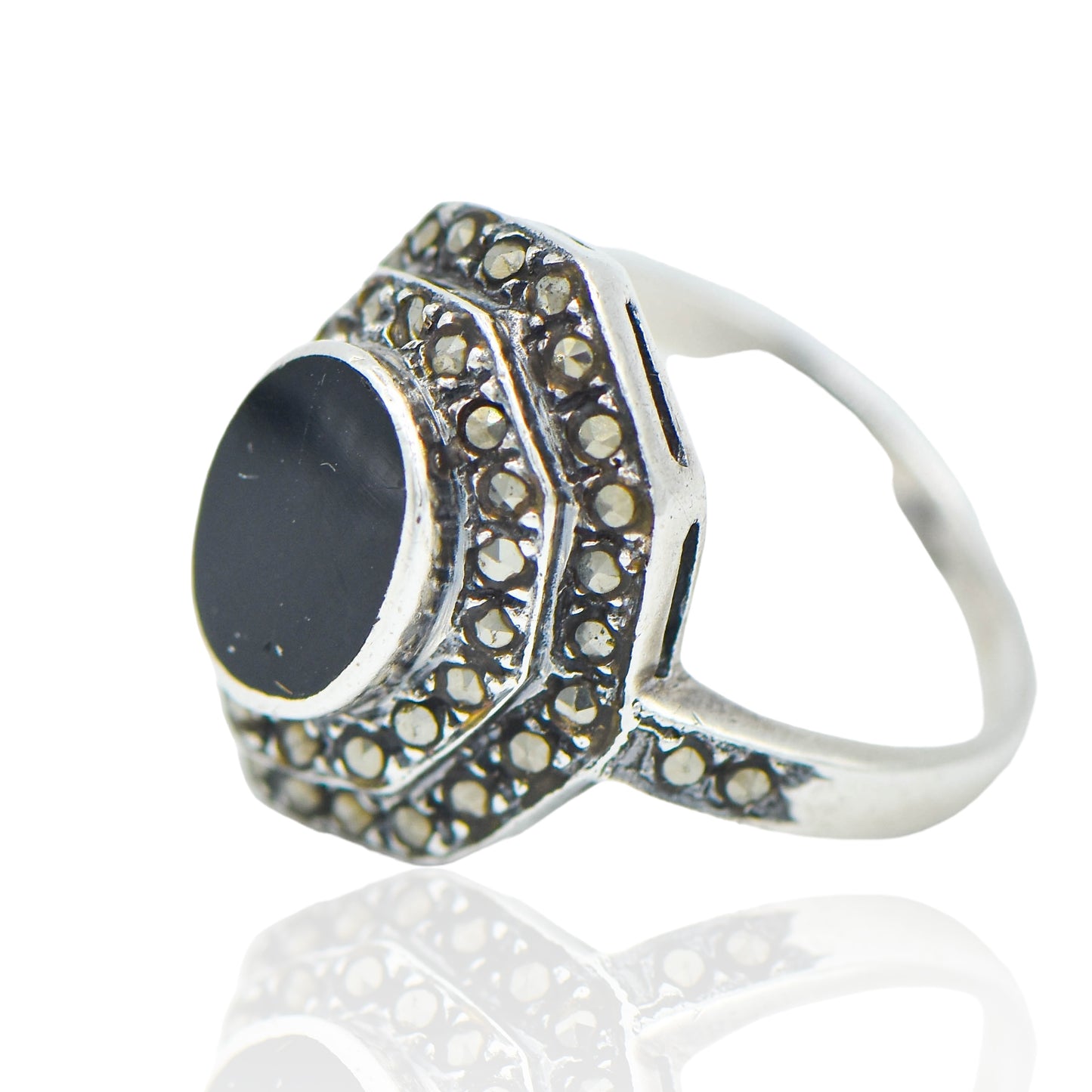 Oval Flat Onyx Marcasite Sterling Silver Ring