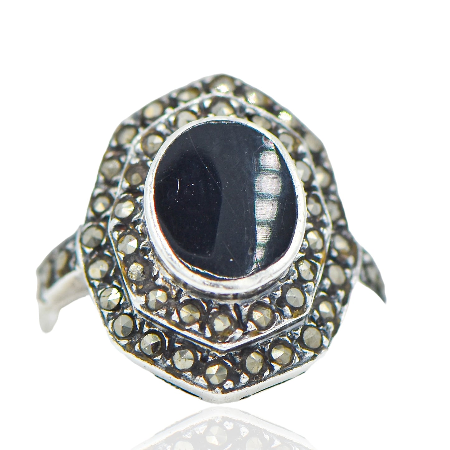 Oval Flat Onyx Marcasite Sterling Silver Ring