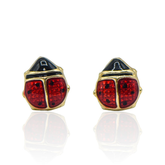 Lady Bug Enamel Two Tone Light Weight 14k Yellow Gold Earrings