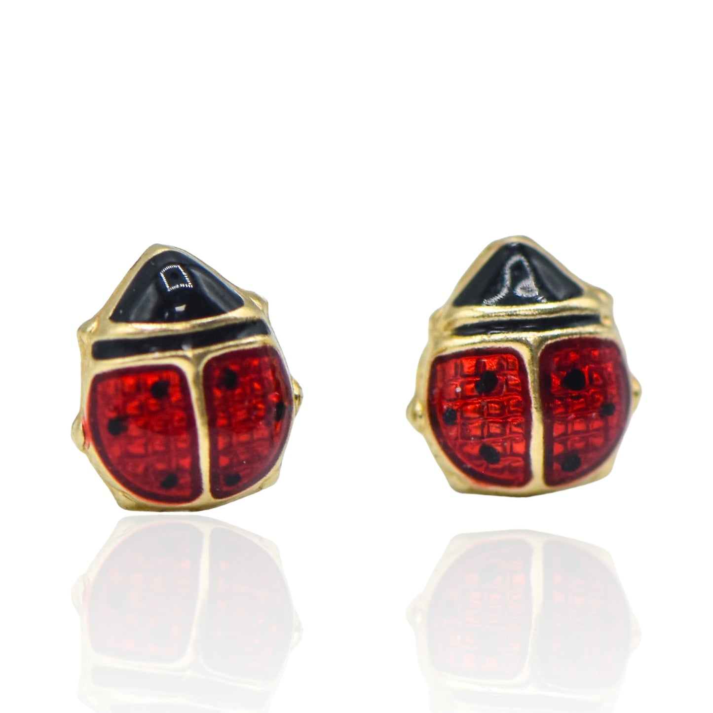 Lady Bug Enamel Two Tone Light Weight 14k Yellow Gold Earrings