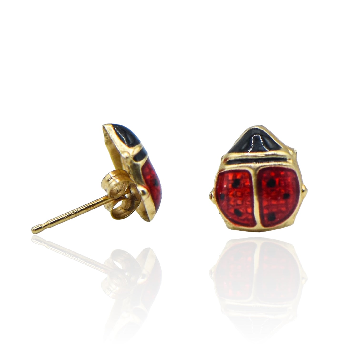 Lady Bug Enamel Two Tone Light Weight 14k Yellow Gold Earrings