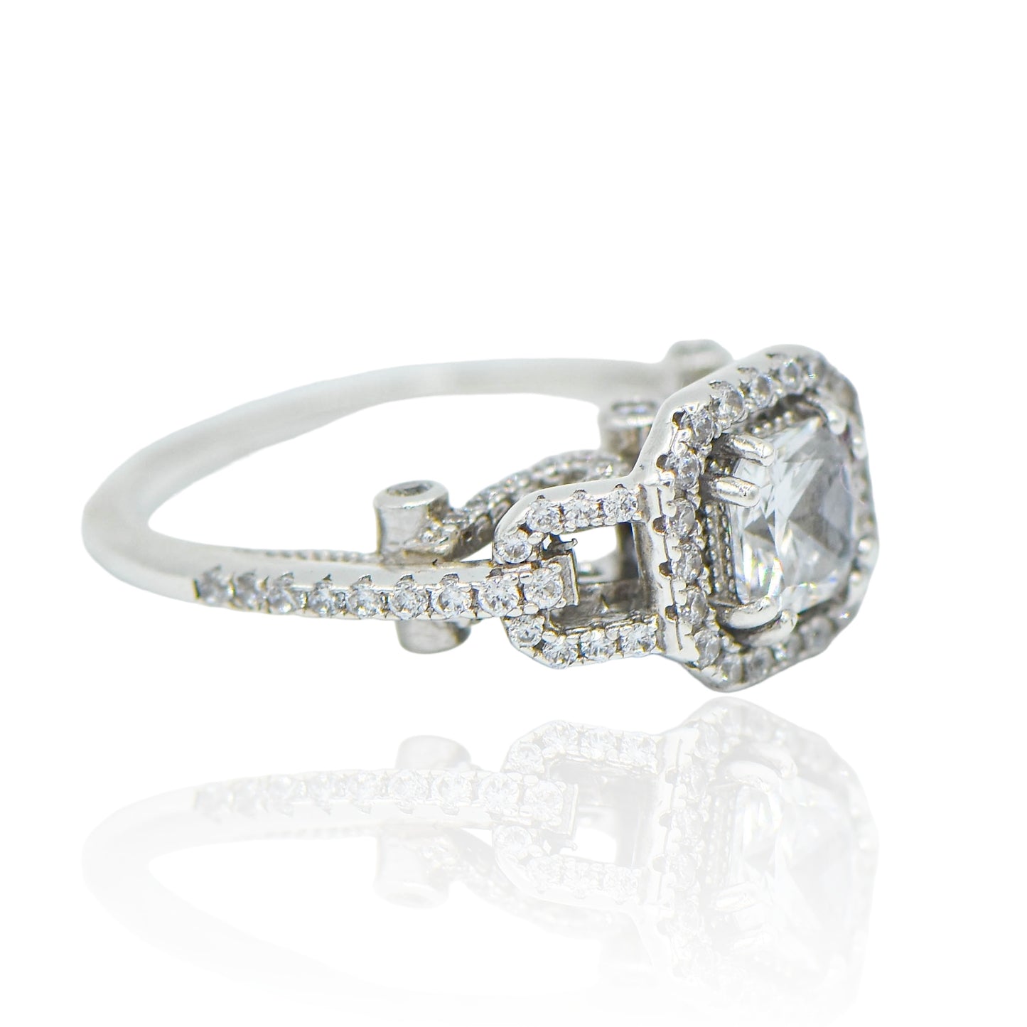 CZ Square With CZ scroll top and bottom Sterling Silver Ring