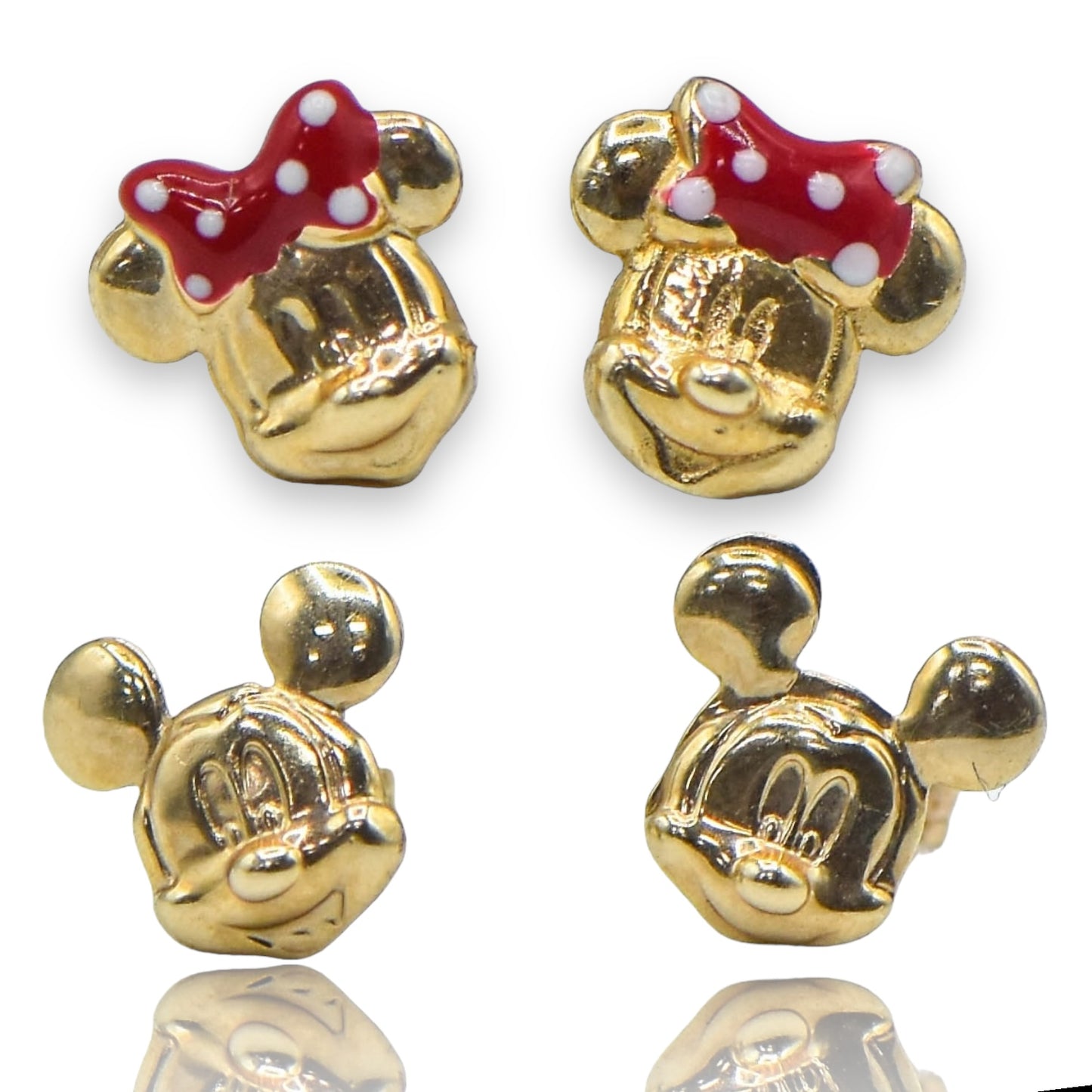 Disney Mickey & Minnie Mouse w/Bow Light Weight Set 14k Yellow Gold Earrings