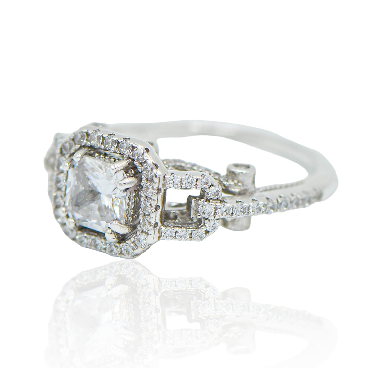 CZ Square With CZ scroll top and bottom Sterling Silver Ring