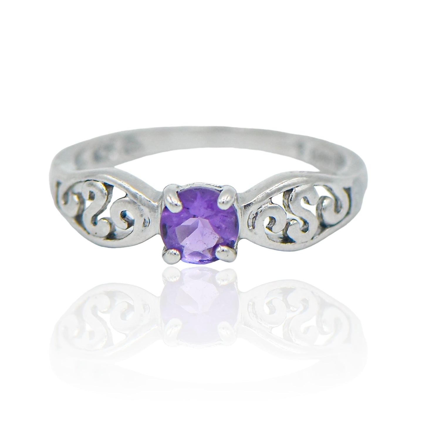 CZ Amethyst Scroll Sterling Silver Ring