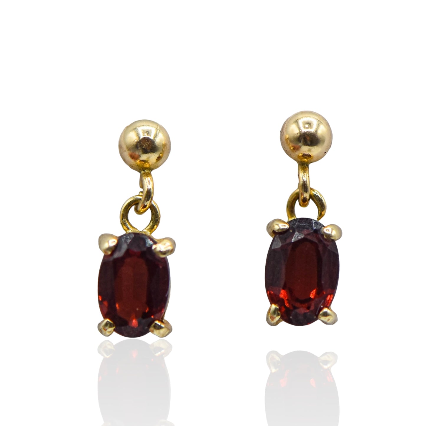 Birthstone Garnet Dangle Oval Hook  14k Yellow Gold Earrings