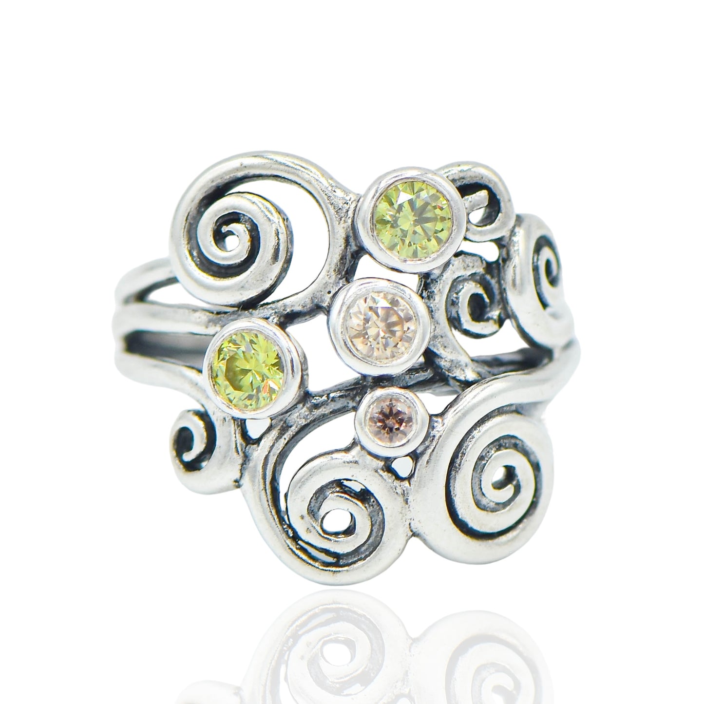 CZ Green and Champagne Gems in wind swept vintage Ring