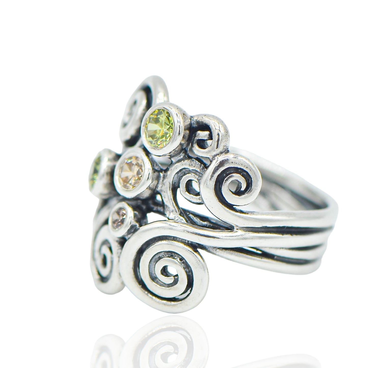 CZ Green and Champagne Gems in wind swept vintage Ring