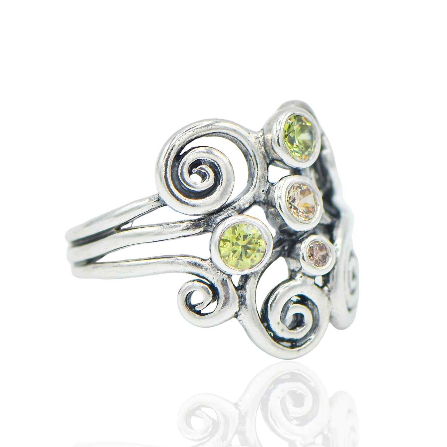 CZ Green and Champagne Gems in wind swept vintage Ring